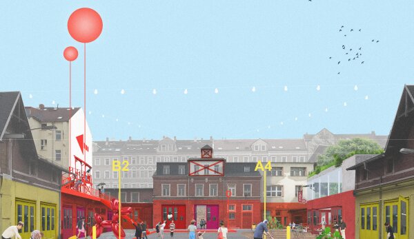 Die Grafik zeigt einen großen Platz, der von den Gebäuden der Stadtwirtschaft eingerahmt wird. Auf dem Platz stehen vereinzelt Menschen. Im Hintergrund sind Wohngebäude erkennbar. Der Himmel ist hellblau. 
